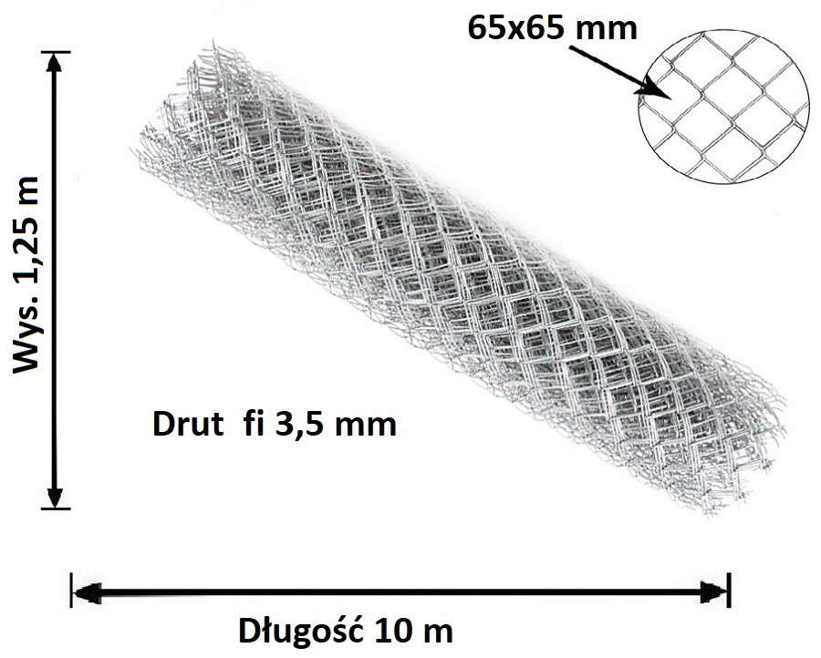 Siatka Ogrodzeniowa Ocynkowana, Drut 3,5 mm, Wys. 1,25 m, oczko 65x65 mm x 10m