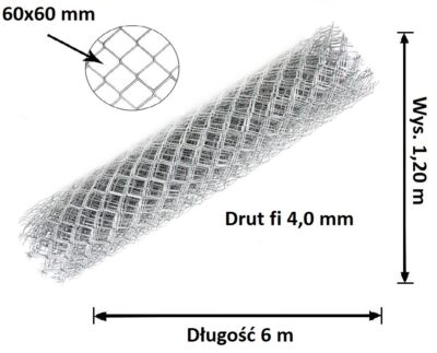 Siatka Ogrodzeniowa Ocynkowana, Drut fi 4,0 mm, Wysokość 1,20 m, oczko 60x60 mm x 6 m