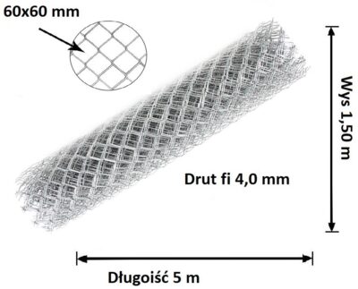 Siatka Ogrodzeniowa Ocynkowana, Drut fi 4,0 mm, Wysokość 1,50 m, oczko 60x60 mm x 5 m