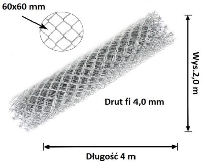 Siatka Ogrodzeniowa Ocynkowana, Drut fi 4,0 mm, Wysokość 2,0 m, oczko 60x60 mm x 4 m