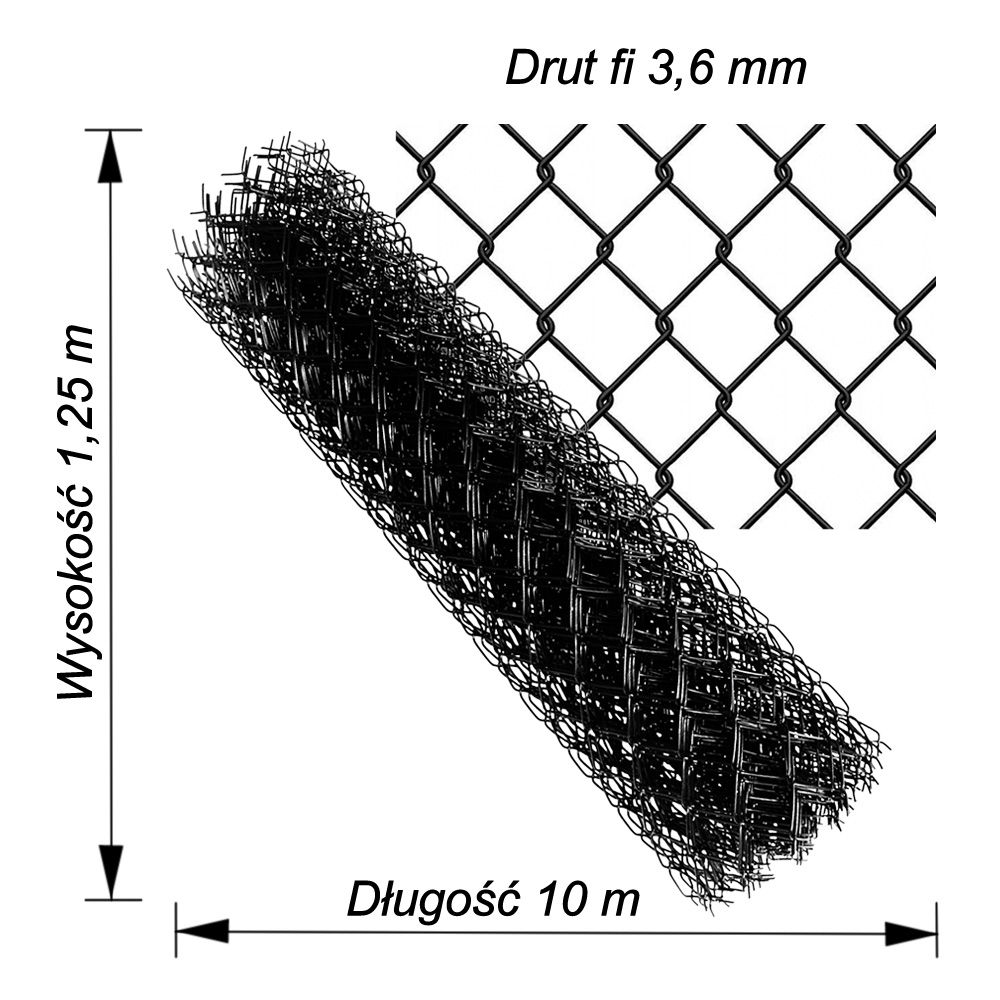 siatka ogrodzeniowa czarna drut3.6mm wys1,25m dł10m