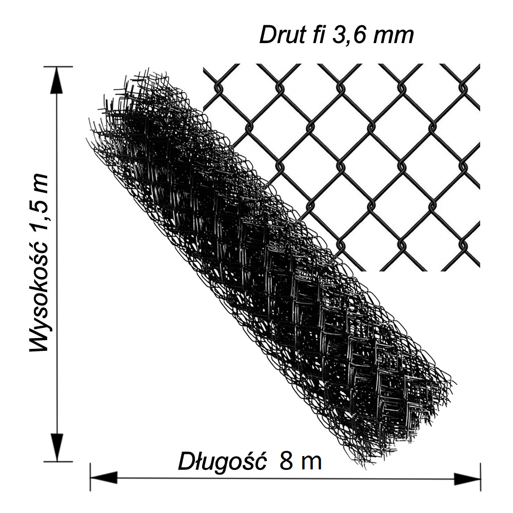 siatka ogrodzeniowa czarna drut3.6mm wys1,5m dł 8 m