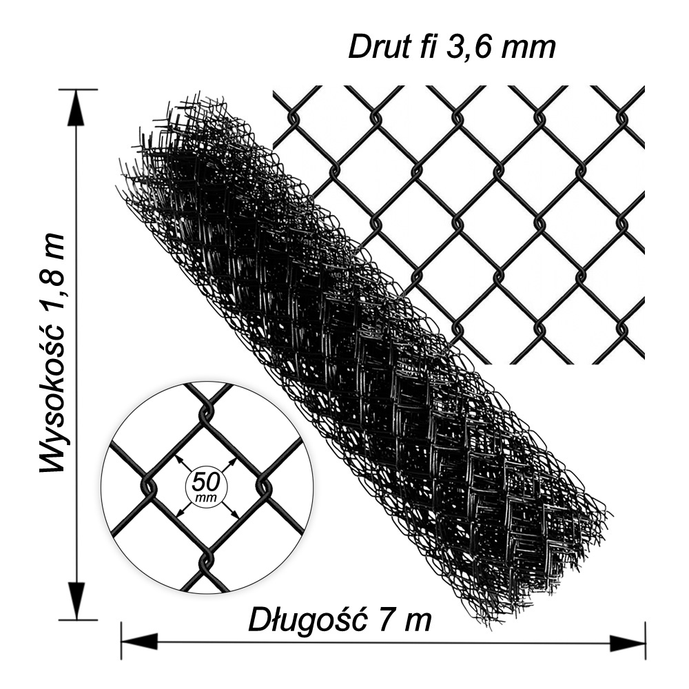 siatka ogrodzeniowa czarna drut3.6mm wys1,8m dł7m