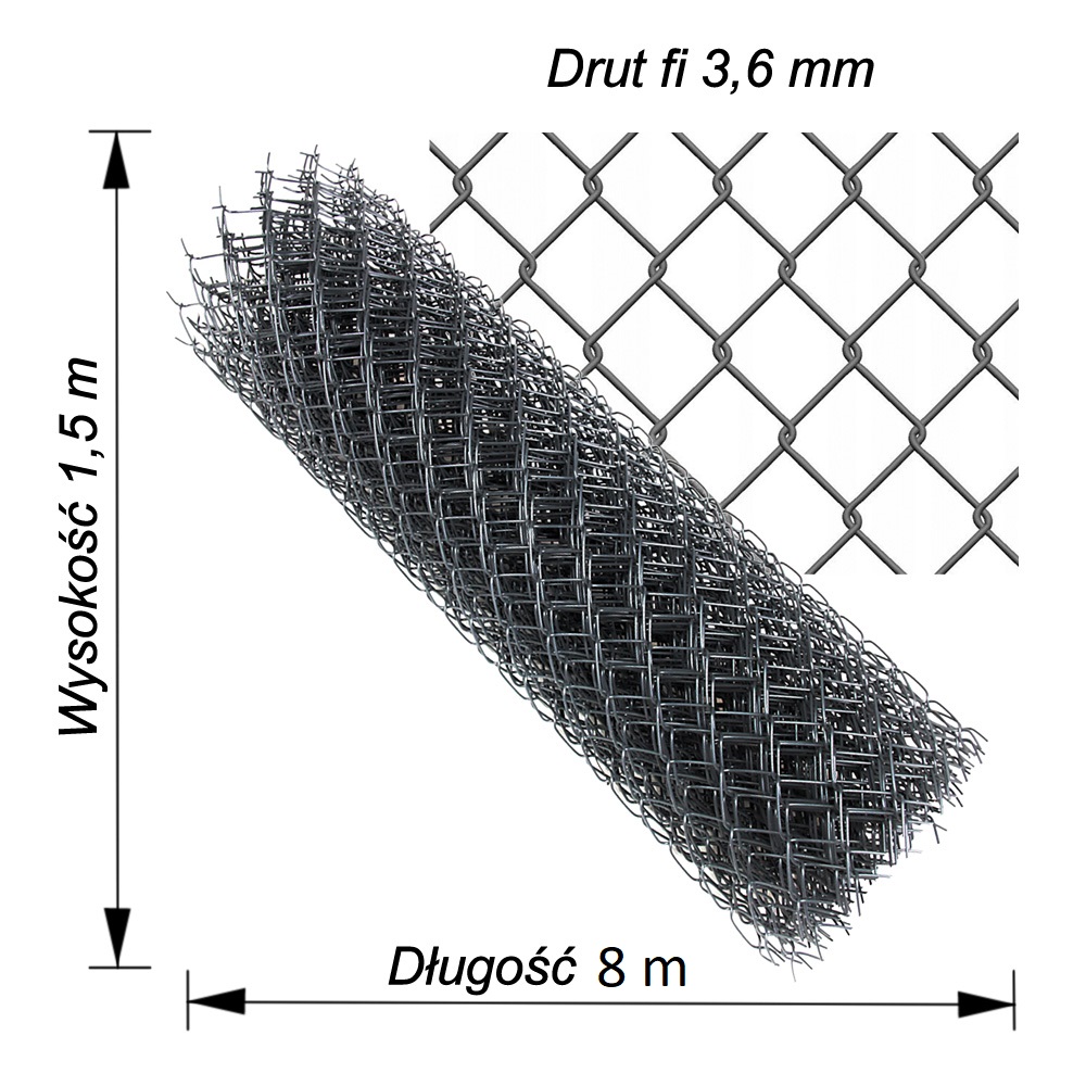 siatka ogrodzeniowa grafitowa drut3.6mm wys1,5m dł 8 m