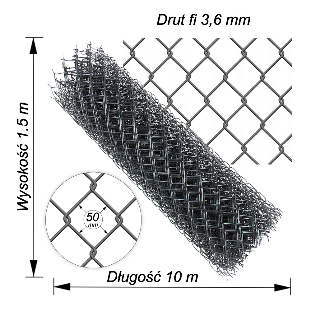 siatka ogrodzeniowa grafitowa drut3.6mm wys1,5m dł10m
