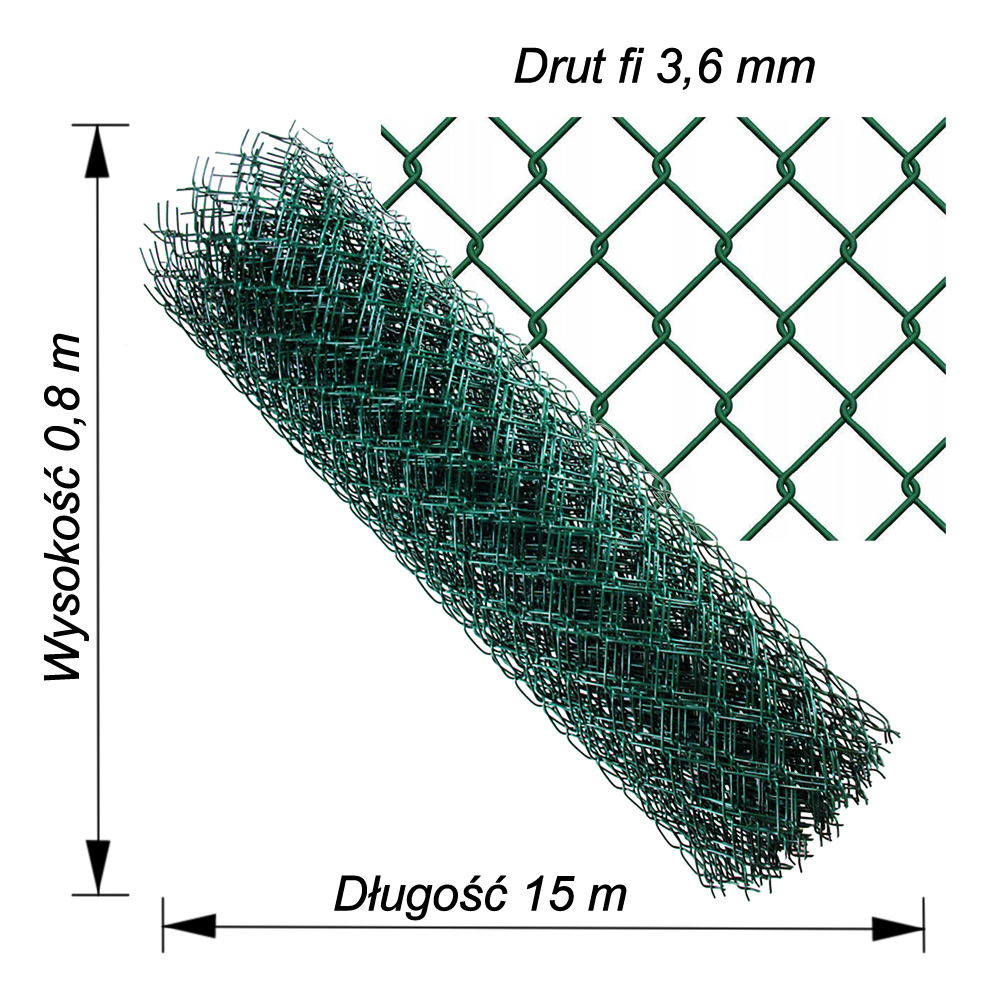 siatka ogrodzeniowa zielona drut3.6mm wys0,8m dł15
