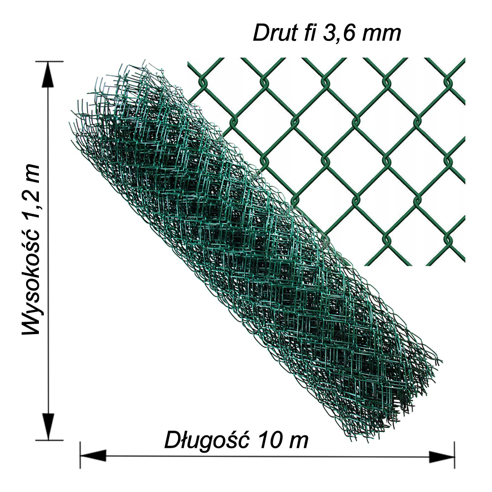 siatka ogrodzeniowa zielona drut3.6mm wys1,2m dł10