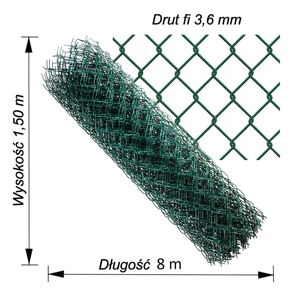 siatka ogrodzeniowa zielona drut3.6mm wys1,5m dł 8m