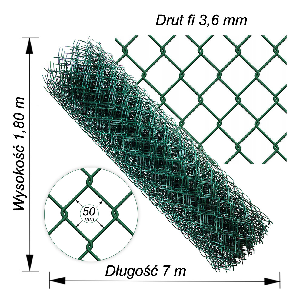 siatka ogrodzeniowa zielona drut3.6mm wys1,8m dł7