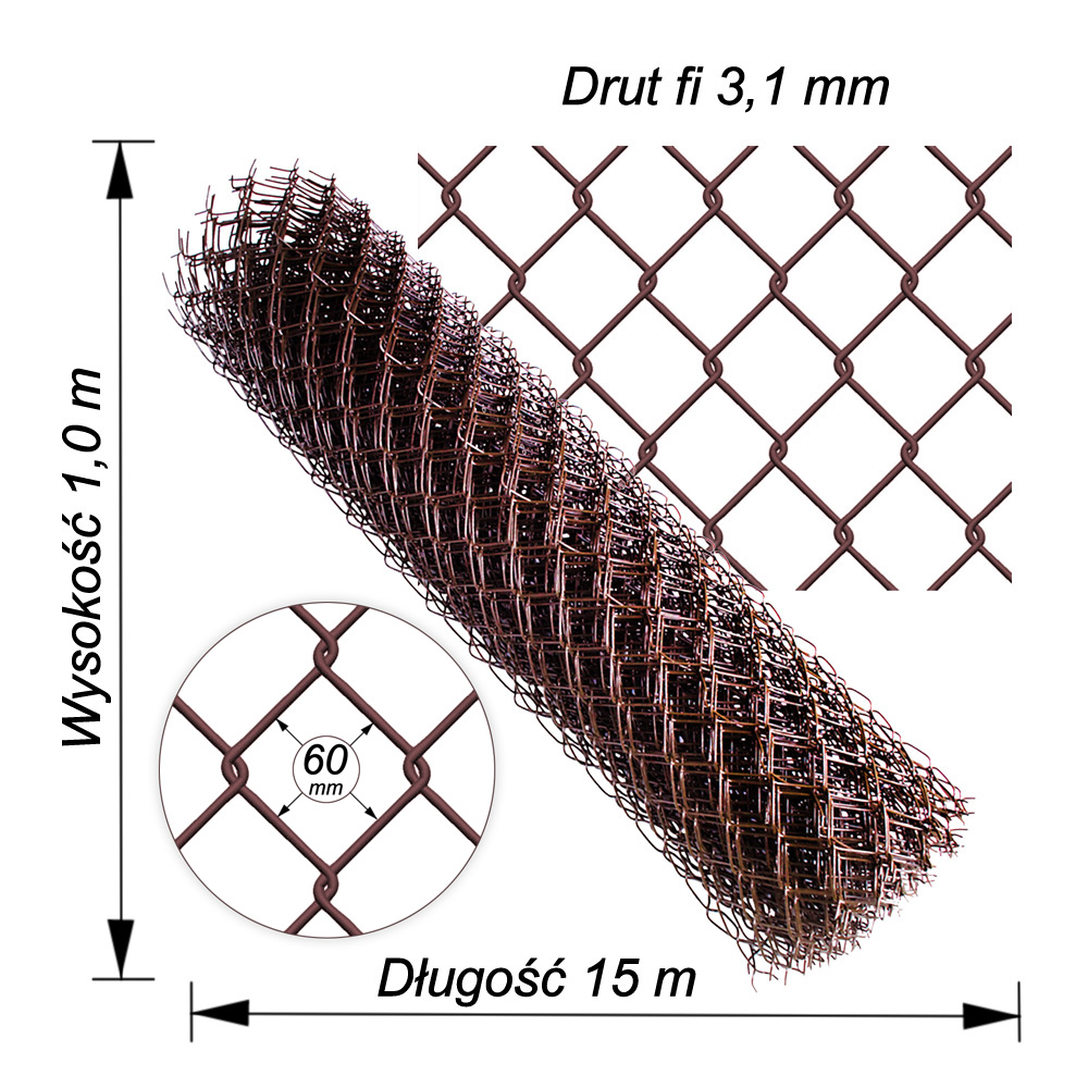 siatka ogrodzeniowa brazowa drut3.1mm wys1,0m dł15m