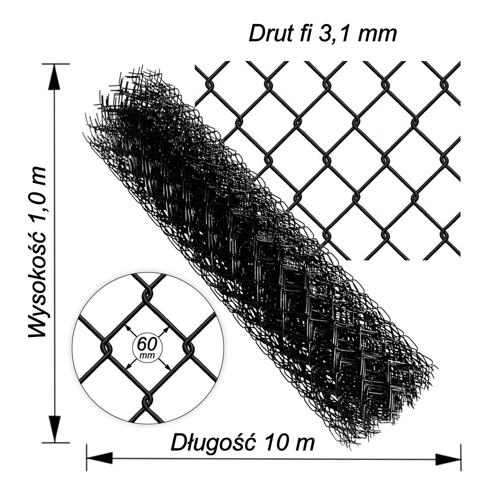 siatka ogrodzeniowa czarna drut3.1mm wys1,0m dł10m